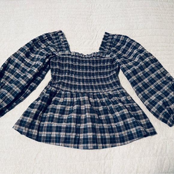 GANNI Ruched Check Blouse - Picture 1 of 5